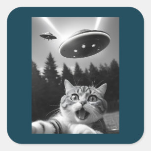 Sticker Carré Selfie de chat drôle avec Alien UFO