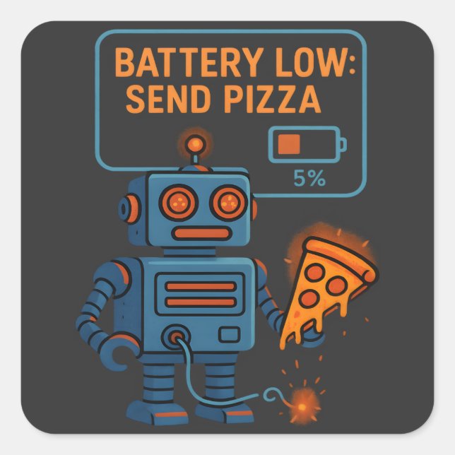 Sticker Carré Send Pizza Robot Battery 5% Gaming Foodie Funny (Devant)