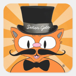 Sticker Carré Señor Gato Cartoon Mustache Chat avec Cravate Bow