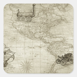 Sticker Carré Sepia Old Antique Vintage États-Unis Carte Voyage