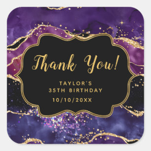 Sticker Carré Sequins Or Agate Violet Foncé Anniversaire Remerci