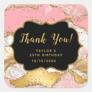 Sticker Carré Séquins or et rose Agate Anniversaire Merci