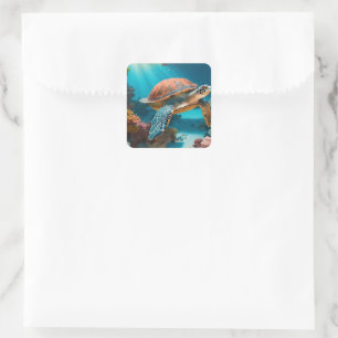 Sticker Carré Serene 3D Sea Turtle dans Ocean Tranquille Marine