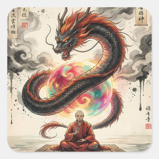 Sticker Carré Serene Encounter: Monk and the Celestial Dragon