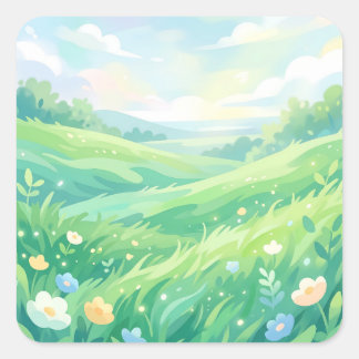 Sticker Carré Serene Green Meadow and Spring Flowers