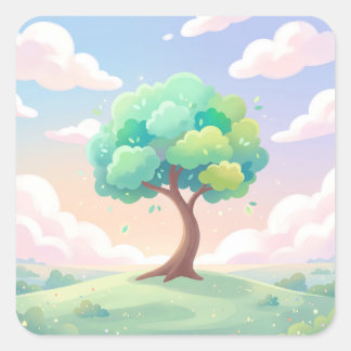 Sticker Carré Serene Green Tree and Pastel Clouds