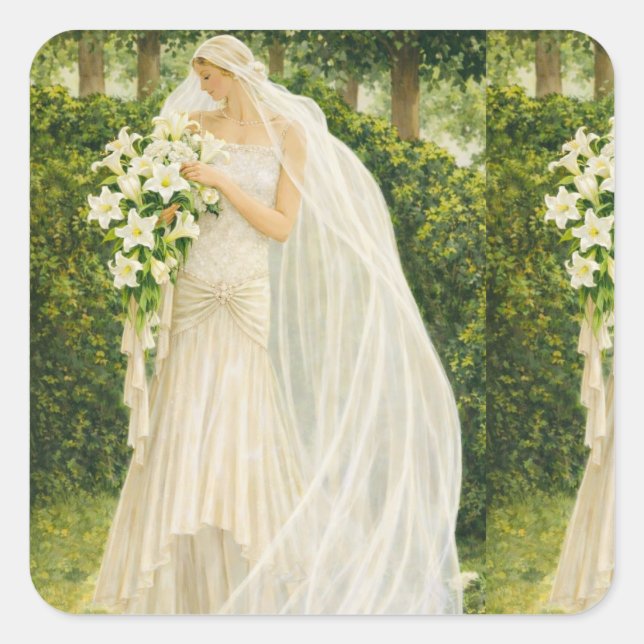 Sticker Carré Serenity in Ivory: A Bride in a Garden Reverie (Devant)