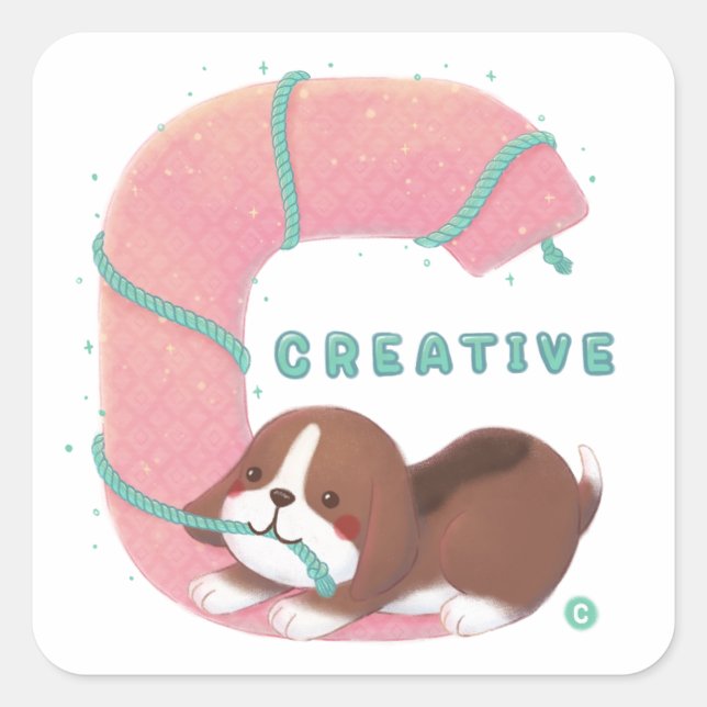 Sticker Carré Série Alphabet : "C" Illustration Beagle créative (Devant)