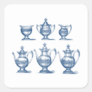 Sticker Carré Set vintage de thé Bleu Blanc Café Pot Décor