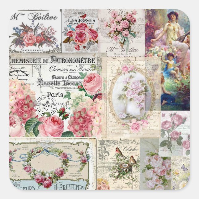 Sticker Carré Shabby collage chic, pays victorien, découpage, b (Devant)