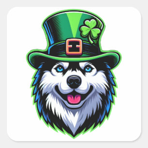 Sticker Carré Shamrock irlandais Sibérie Husky Dog Jour de la Sa