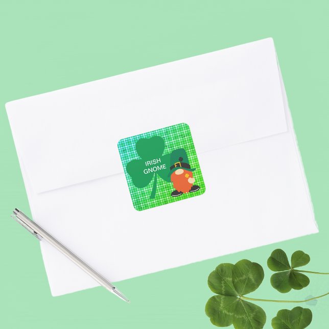 Sticker Carré Shamrock irlandais St Patrick's (Irish Gnome Shamrock St Patrick's Square Sticker)