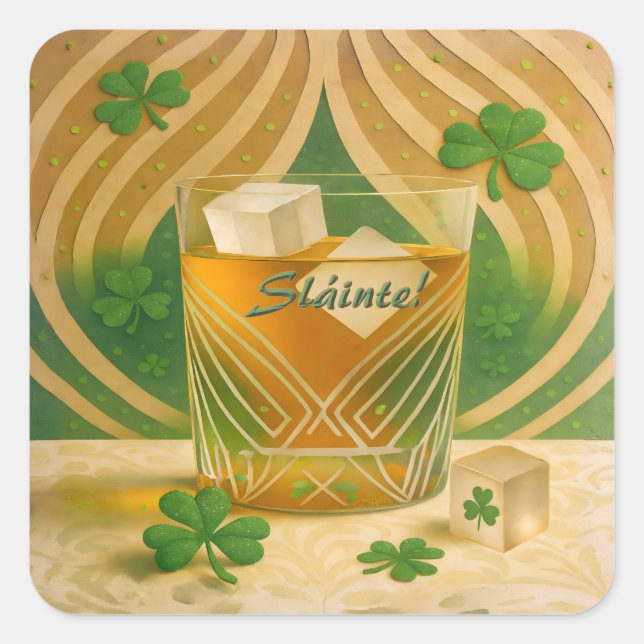 Sticker Carré Shamrocks Irish Whiskey Tumbler "Sláinte!" (Devant)