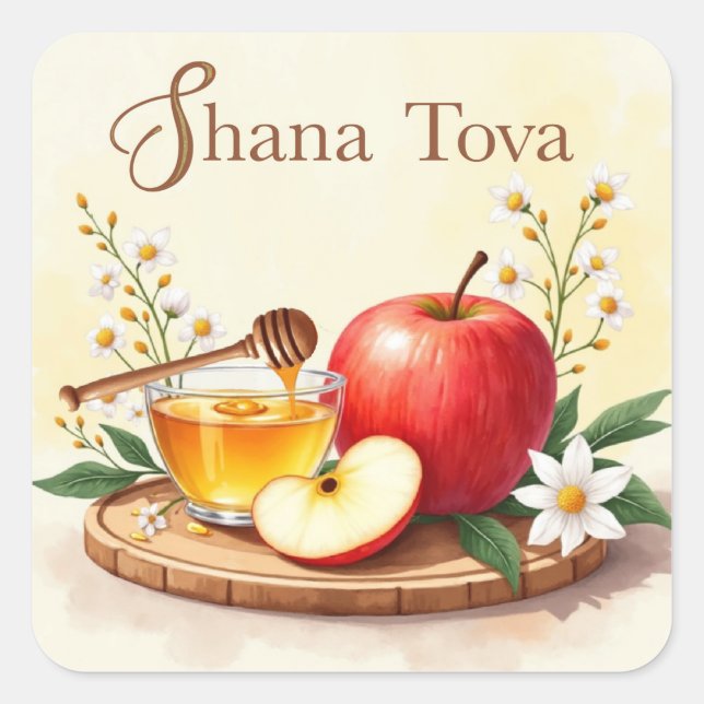 Sticker Carré Shana Tova Rosh Hashanah Pomme et Fleurs de miel (Devant)