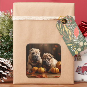Sticker Carré Shar Pei Chiot Automne Citrouille de plaisir