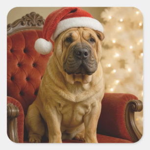 Sticker Carré Shar-Pei de Noël avec un chapeau de Père Noël