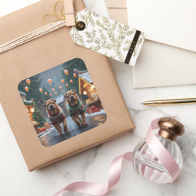 Sticker Carré Shar Pei  Dogs Christmas Snow Holiday (Cadeaux)