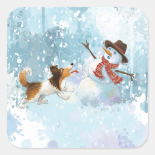 Sticker Carré Sheldon le Sheltie et le Bonhomme de Neige