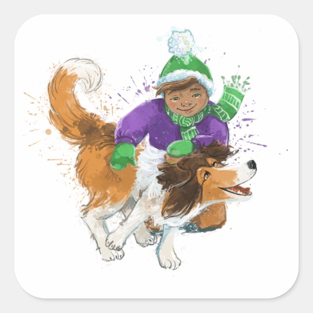 Sticker Carré Sheldon le Sheltie et son garçon (Devant)