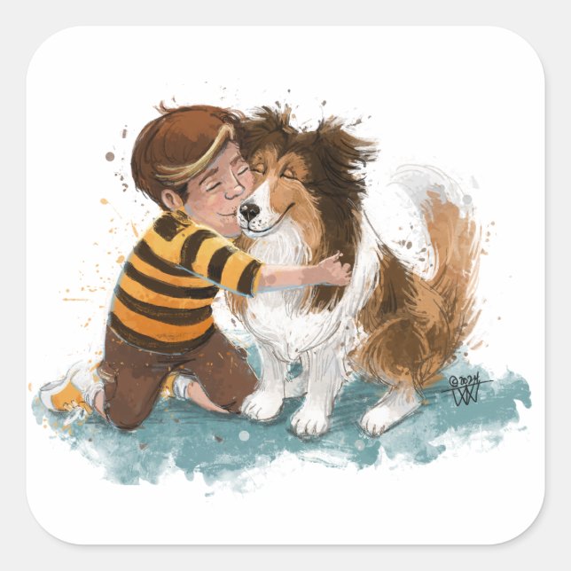 Sticker Carré Sheltie and Boy Dog Hug (Devant)