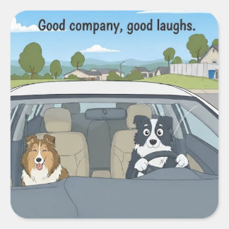 Sticker Carré Sheltie & Border collie road trip