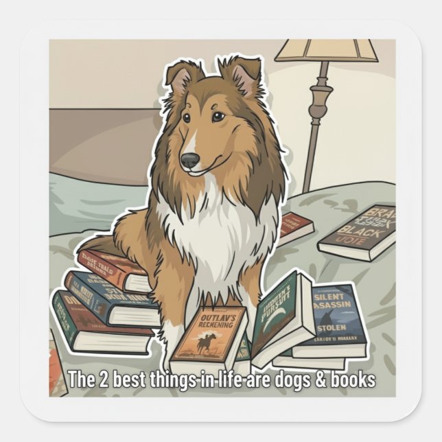 Sticker Carré Sheltie & livres (Devant)