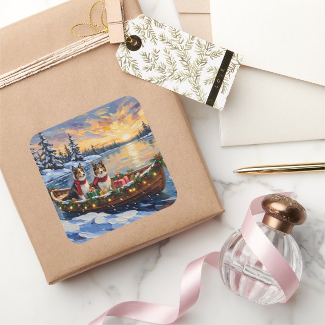 Sticker Carré Shetland Sheepdog Christmas Boat Holiday (Cadeaux)