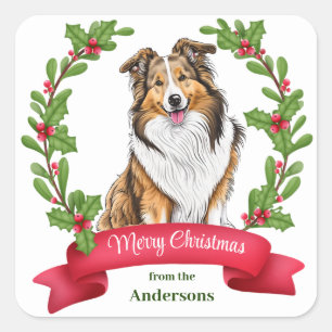 Sticker Carré Shetland Sheepdog Holly Banner Noël
