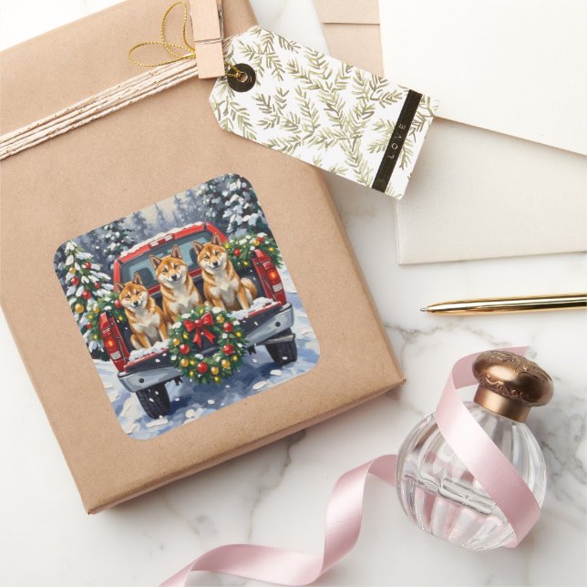 Sticker Carré Shiba Inu Christmas Red Truck Holiday (Cadeaux)