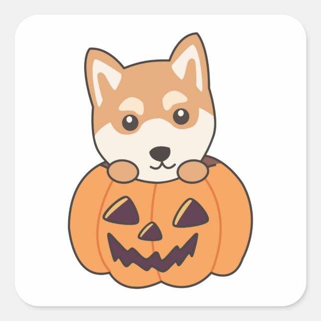 Sticker Carré Shiba Inu En Chiens Doux Citrouille Joyeux Hallowe (Devant)