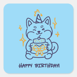 Sticker Carré Shiba Inu Joyeux Anniversaire Rétro Art Chien Avec