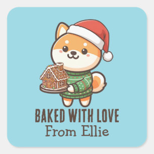 Sticker Carré Shiba Inu Mignon Personnalisé Noël Fait avec Amour