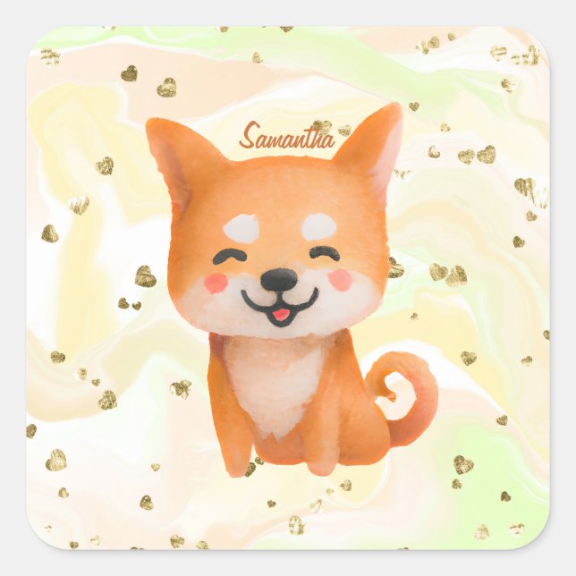 Sticker Carré Shiba Inu souriant mignon (Devant)