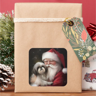 Sticker Carré Shih Tzu avec le Père Noël Festif Noël 