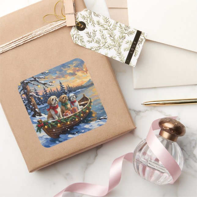Sticker Carré Shih Tzu Christmas Boat Holiday (Cadeaux)