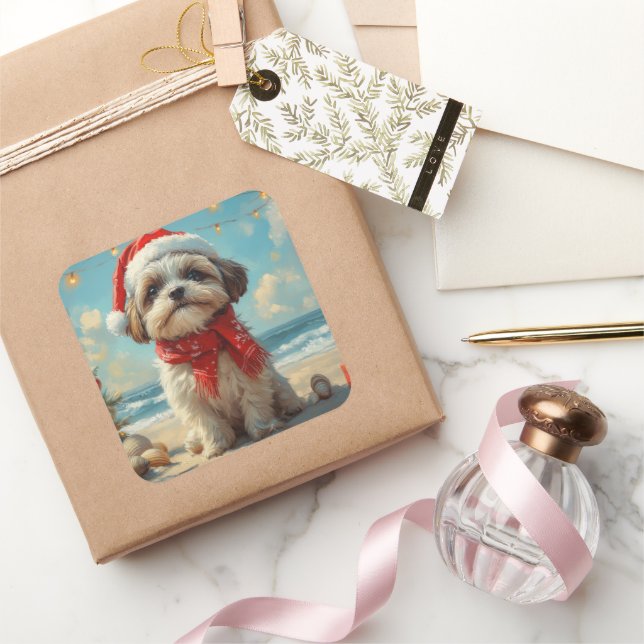 Sticker Carré Shih Tzu Dog Christmas Vintage Beach (Cadeaux)