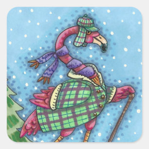 STICKER CARRÉ SHOOTS D'HIVER, FLAMANT ROSE ROSE, MAUVAIS NOËL