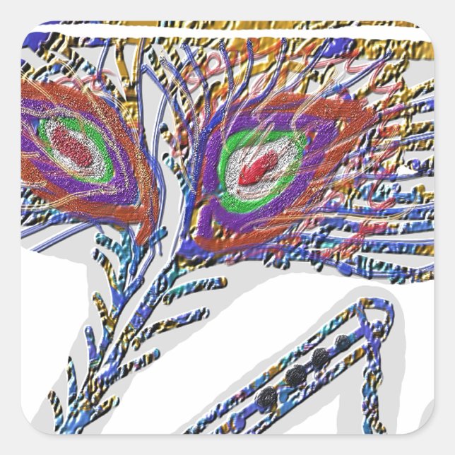 Sticker Carré Shri KRISHNA : FLUTE, Plume de paon, Makhan (Devant)