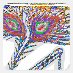 Sticker Carré Shri KRISHNA : FLUTE, Plume de paon, Makhan