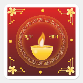 Sticker Carré Shubh Labh Diwali Diya doré traditionnel rouge
