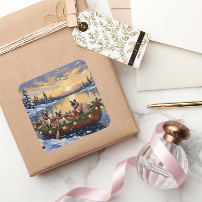 Sticker Carré Siamese Cat Christmas Boat Holiday (Cadeaux)