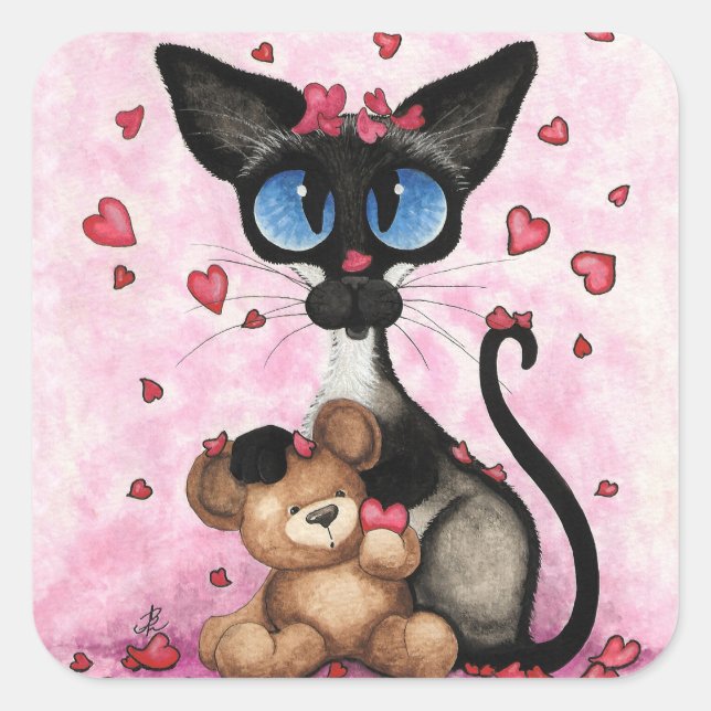 Sticker Carré Siamese Cat Valentines Day by Bihrle (Devant)