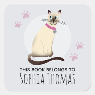 Sticker Carré Siamese Chat Ce Livre Appartient Nom Kids Bookplat