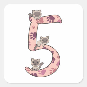 Sticker Carré Siamese Chat Cinquième Anniversaire Pour Enfants C