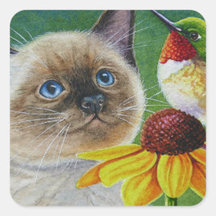 Sticker Carré Siamese Kitten & Hummingbird