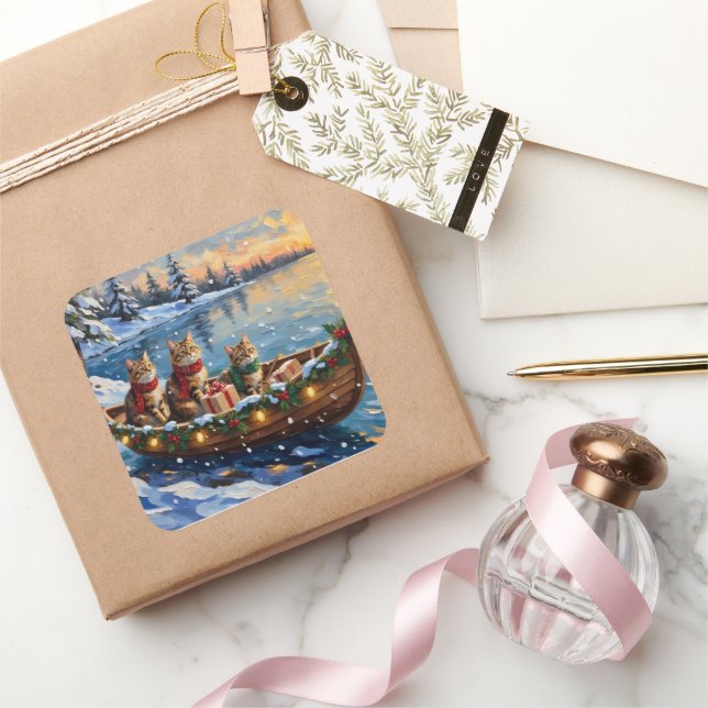 Sticker Carré Siberian Cat Christmas Boat Holiday (Cadeaux)