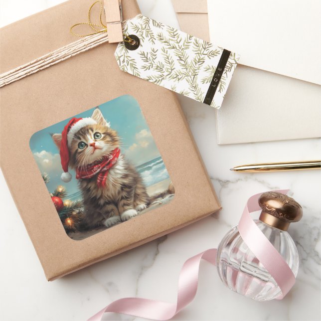 Sticker Carré Siberian Cat Christmas Vintage Beach (Cadeaux)