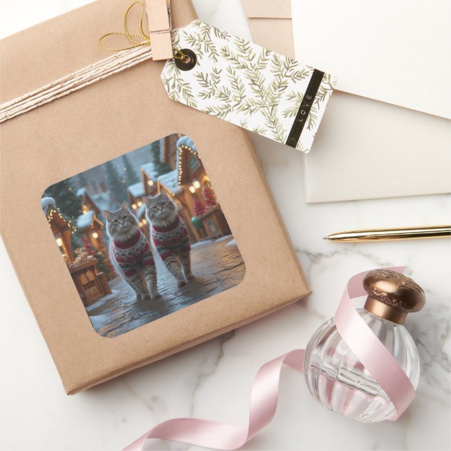 Sticker Carré Siberian Cats Christmas Snow Holiday  (Cadeaux)