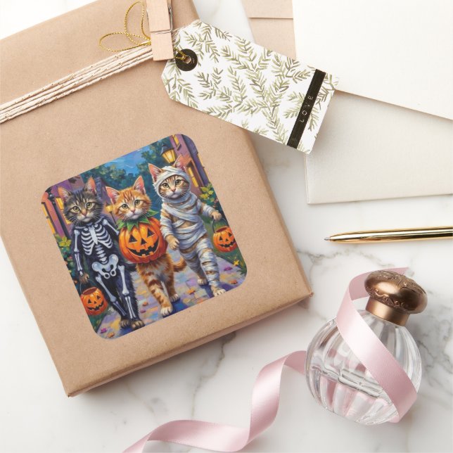 Sticker Carré Siberian Cats Trick-or-Treating Halloween Costumes (Cadeaux)