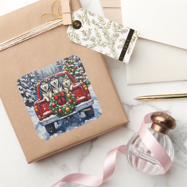 Sticker Carré Siberian Husky Christmas Red Truck Holiday (Cadeaux)